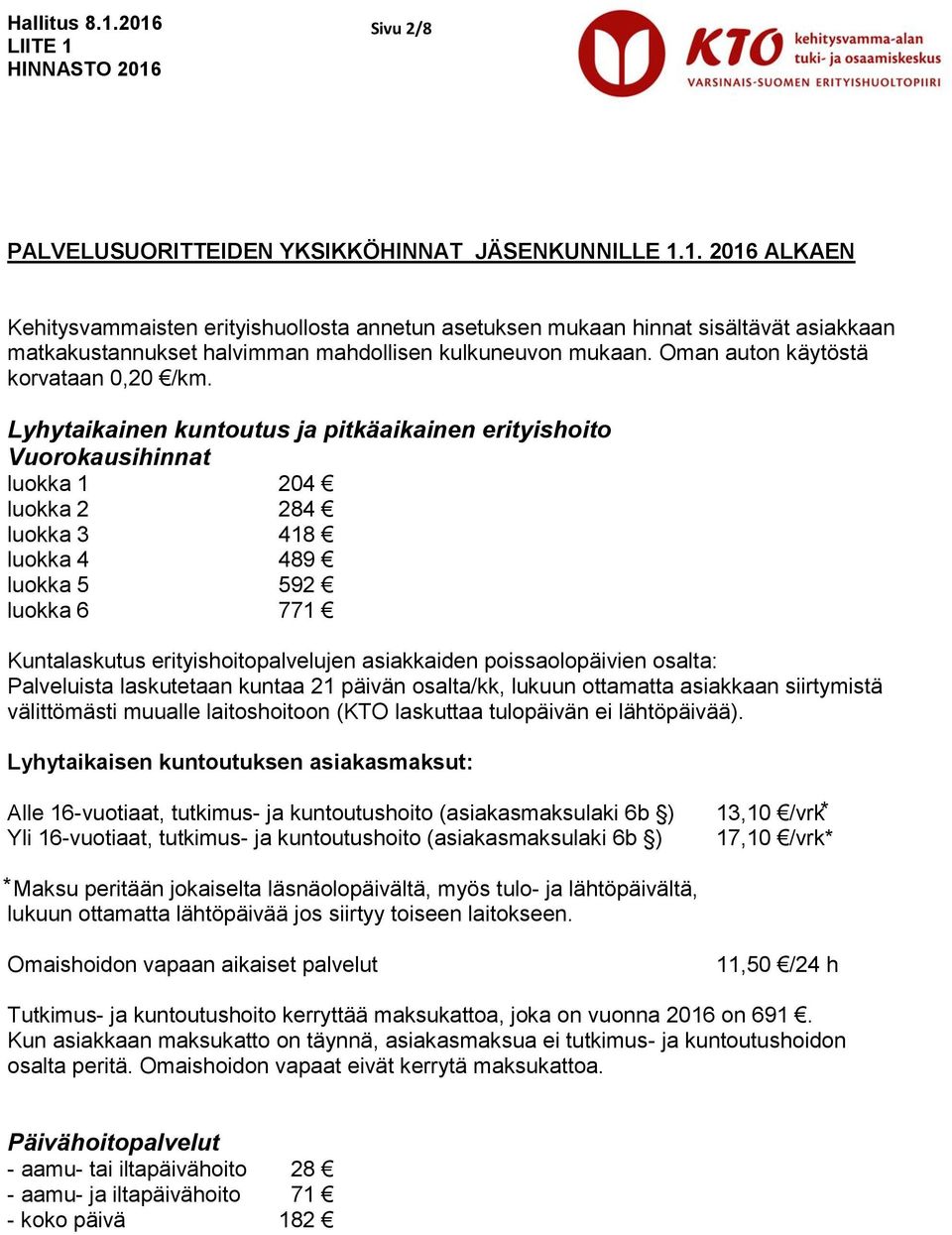 Oman auton käytöstä korvataan 0,20 /km.