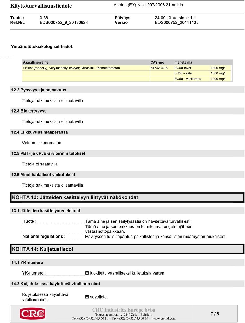 5 PBT- ja vpvb-arvioinnin tulokset Tietoja ei saatavilla 12.6 Muut haitalliset vaikutukset Tietoja tutkimuksista ei saatavilla KOHTA 13: Jätteiden käsittelyyn liittyvät näkökohdat 13.