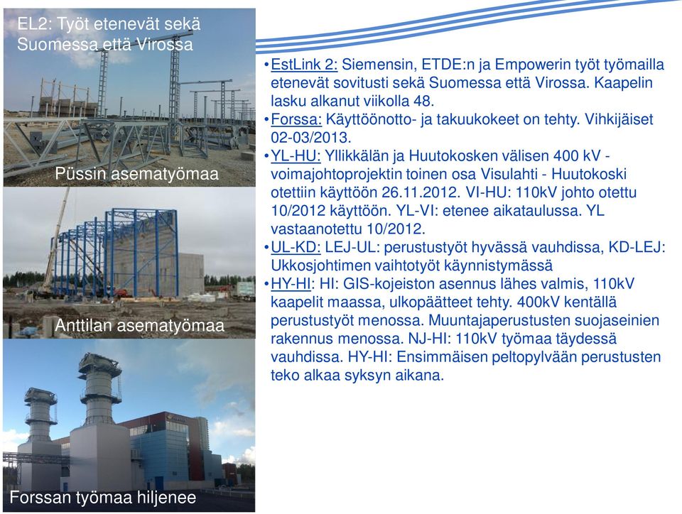 YL-HU: Yllikkälän ja Huutokosken välisen 400 kv - voimajohtoprojektin toinen osa Visulahti - Huutokoski otettiin käyttöön 26.11.2012. VI-HU: 110kV johto otettu 10/2012 käyttöön.