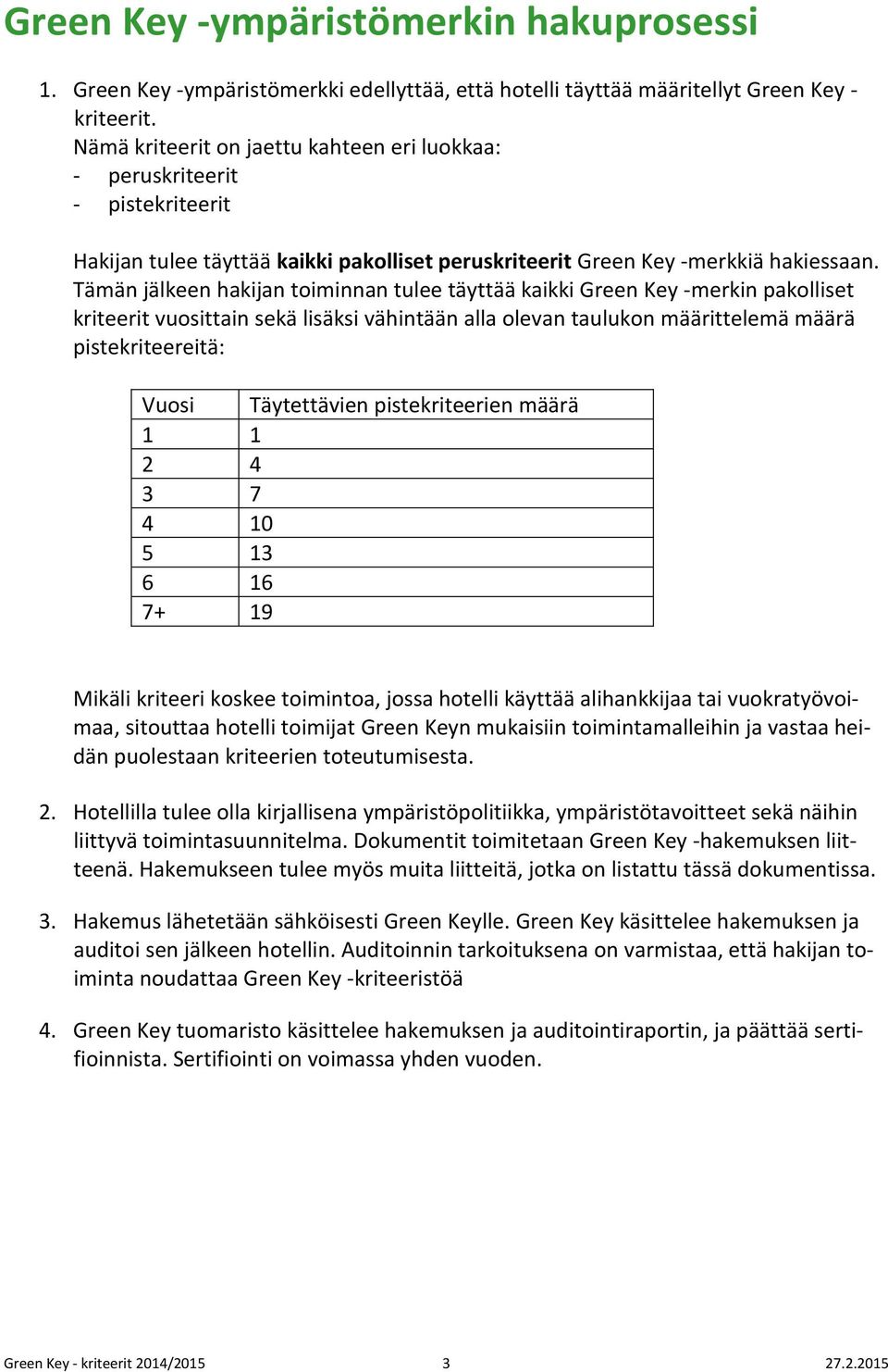 Tämän jälkeen hakijan toiminnan tulee täyttää kaikki Green Key -merkin pakolliset kriteerit vuosittain sekä lisäksi vähintään alla olevan taulukon määrittelemä määrä pistekriteereitä: Vuosi