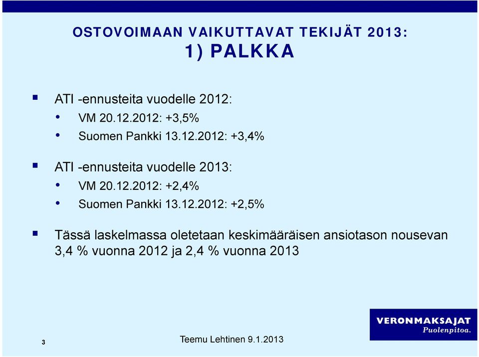 12.2012: +2,4% Suomen Pankki 13.12.2012: +2,5% Tässä laskelmassa oletetaan