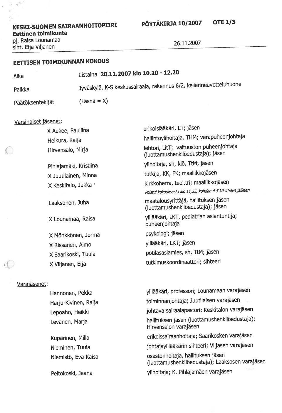 KOKOUS Pihlajamäki, Kristiina X Lounamaa, Raisa Laaksonen, Juha Aika tiistaina 20.11.2007 kb 10.20-12.