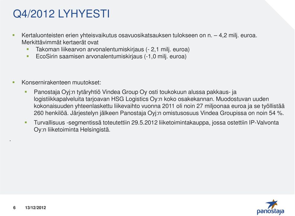 Konsernirakenteen muutokset: Panostaja Oyj:n tytäryhtiö Vindea Group Oy osti toukokuun alussa pakkaus- ja logistiikkapalveluita tarjoavan HSG Logistics Oy:n koko osakekannan.