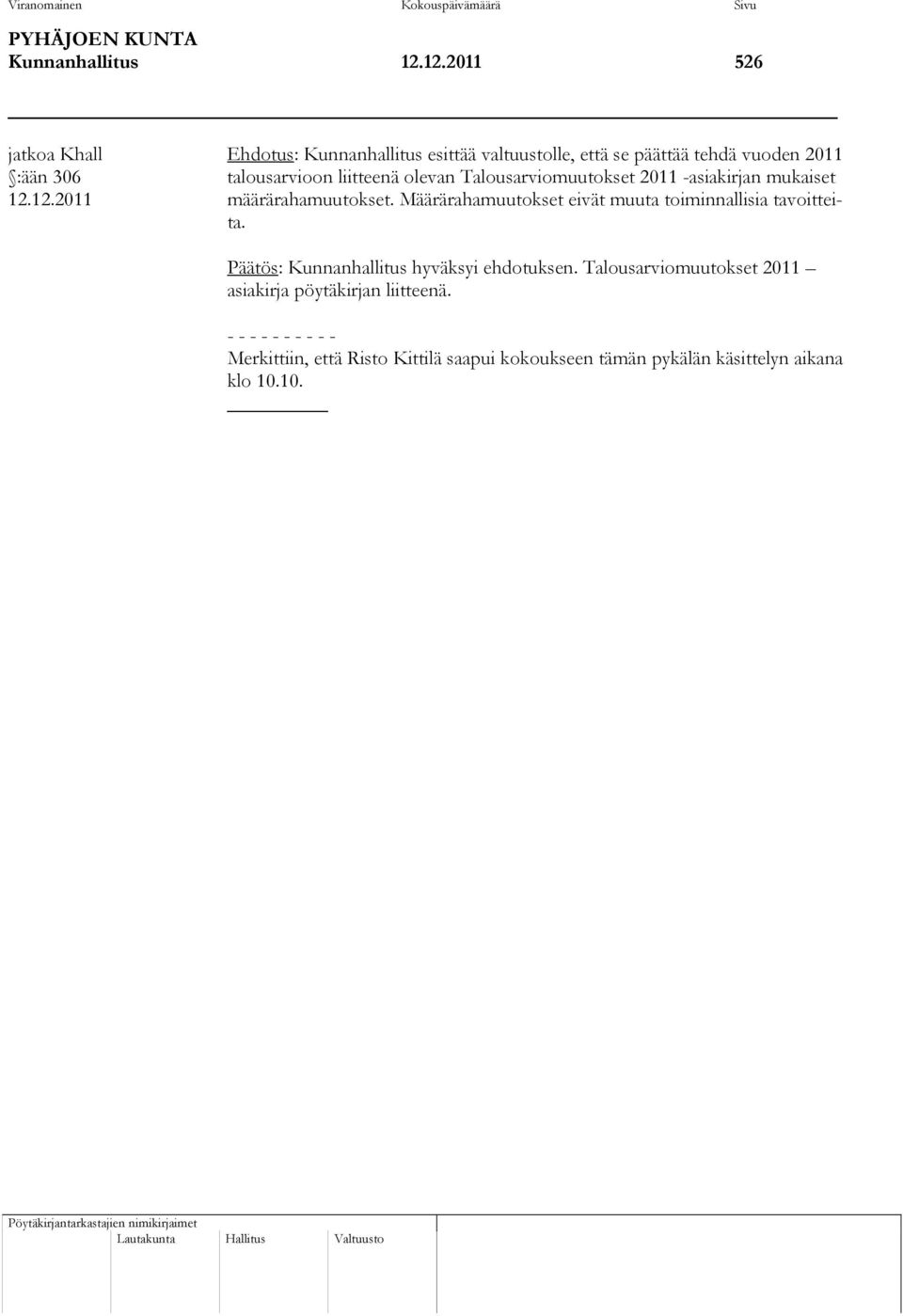 Talousarviomuutokset 2011 -asiakirjan mukaiset 12.12.2011 määrärahamuutokset. Määrärahamuutokset eivät muuta toiminnallisia tavoitteita.