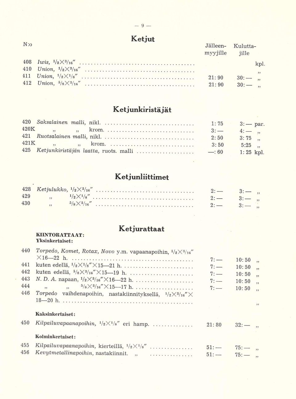 Ket junliittimet 428 Ketjulukko, V2XVI6" 2-3- 429 430 V«XVs" 2-3 s/sxvig" 2- U3- - KIEVTORATTAAT: Yksinkertaiset: Ketjurattaat 440 Torpedo, Komet, Rotax, Novo y.m. vapaanapoihin, V2X 3 /ie" X1622 h 10:50 441 kuten edellä, 1 /2X I,, /8 X 1521 h 7 : 10:50 442 kuten edellä, 5 /BX 3 /i6"x 1519 h 7 ;.