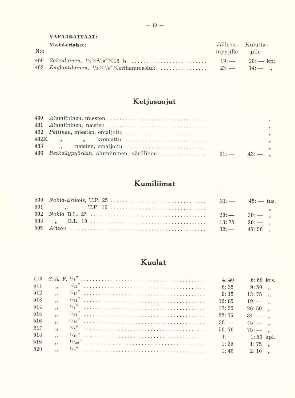 43: Kumiliimat 500 Nokia-Erikois, T.P. 25 31: tus. 501 T.P. 10 502 Nokia B.L. 25 20: 30: 503 B.L. 10 13:75 20: 505 Arizon 32: 47:50 Kuulat 510 S. K. F. Vs 4:40 6:60 krs.