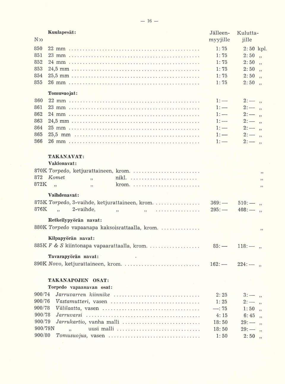 krom Vaihdenavat: 875 K Torpedo, 3-vaihde, ketjurattaineen, krom 369: 510; 876 K 2-vaihde, 295: 408: Ketkeilypyörän navat: 880 K Torpedo vapaanapa kaksoisrattaalla, krom Kilpapyörän navat: 885 K F &