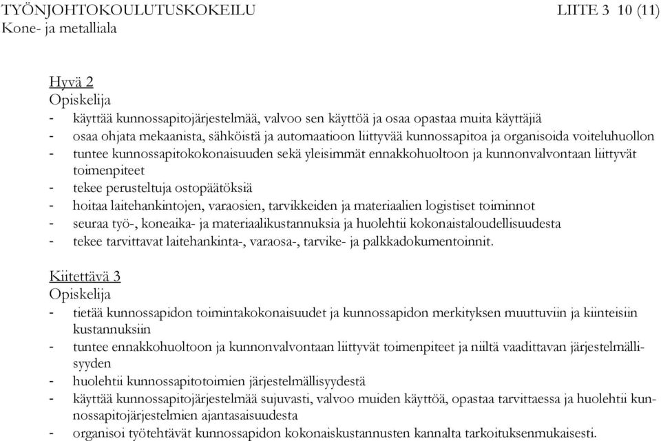 varaosien, tarvikkeiden ja materiaalien logistiset toiminnot seuraa työ-, koneaika- ja materiaalikustannuksia ja huolehtii kokonaistaloudellisuudesta tekee tarvittavat laitehankinta-, varaosa-,