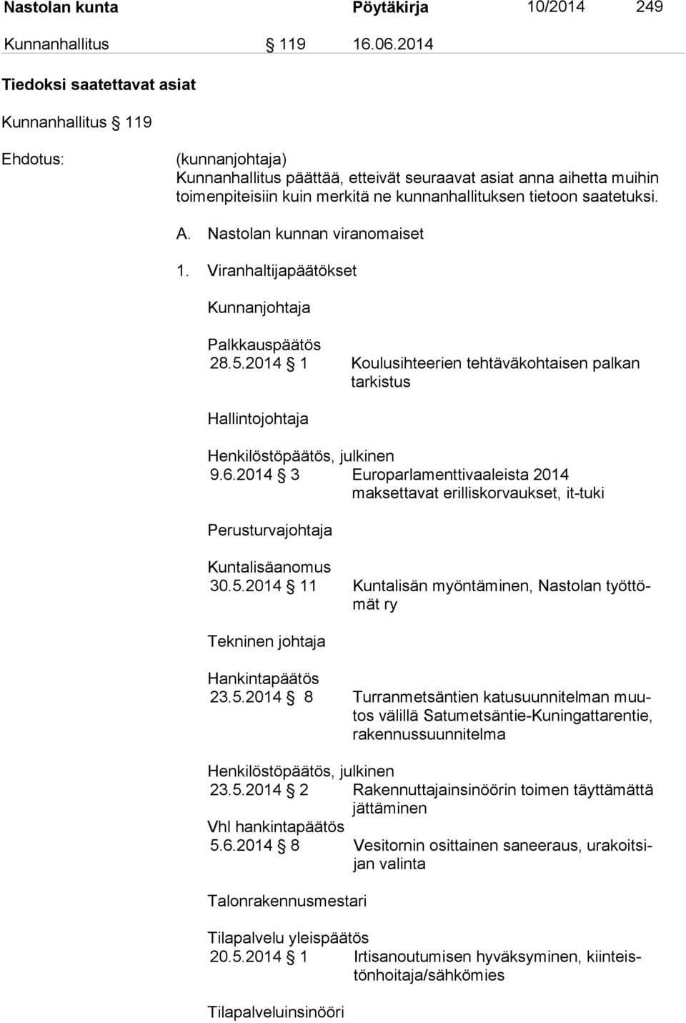 tietoon saatetuksi. A. Nastolan kunnan viranomaiset 1. Viranhaltijapäätökset Kunnanjohtaja Palkkauspäätös 28.5.