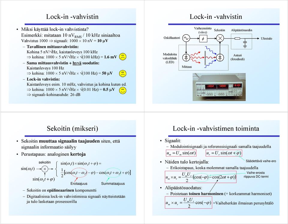 6 mv Sama mittausvahvistin + hyvä suodatin: Kaistanleveys 00 Hz kohina: 000 5 nv/ Hz (00 Hz) = 50 µv Lock-in vahvistin: Kaistanleveys esim. 0 mhz, vahvistus ja kohina kuten ed.