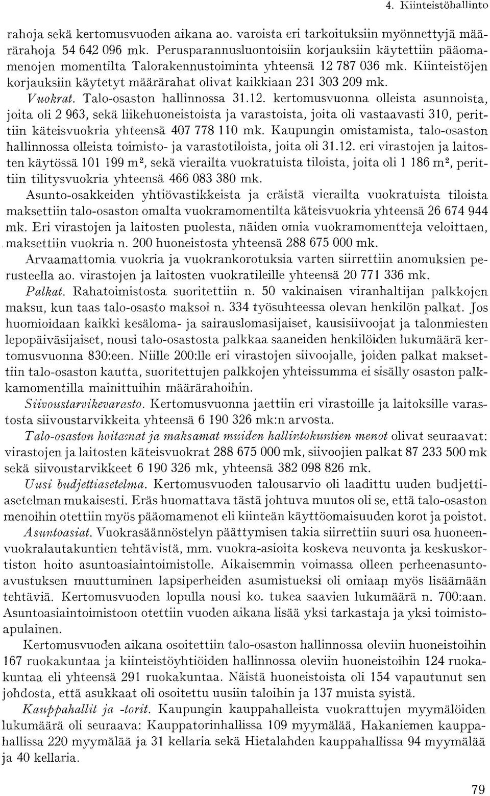 Vuokrat. Talo-osaston hallinnossa 31.12.