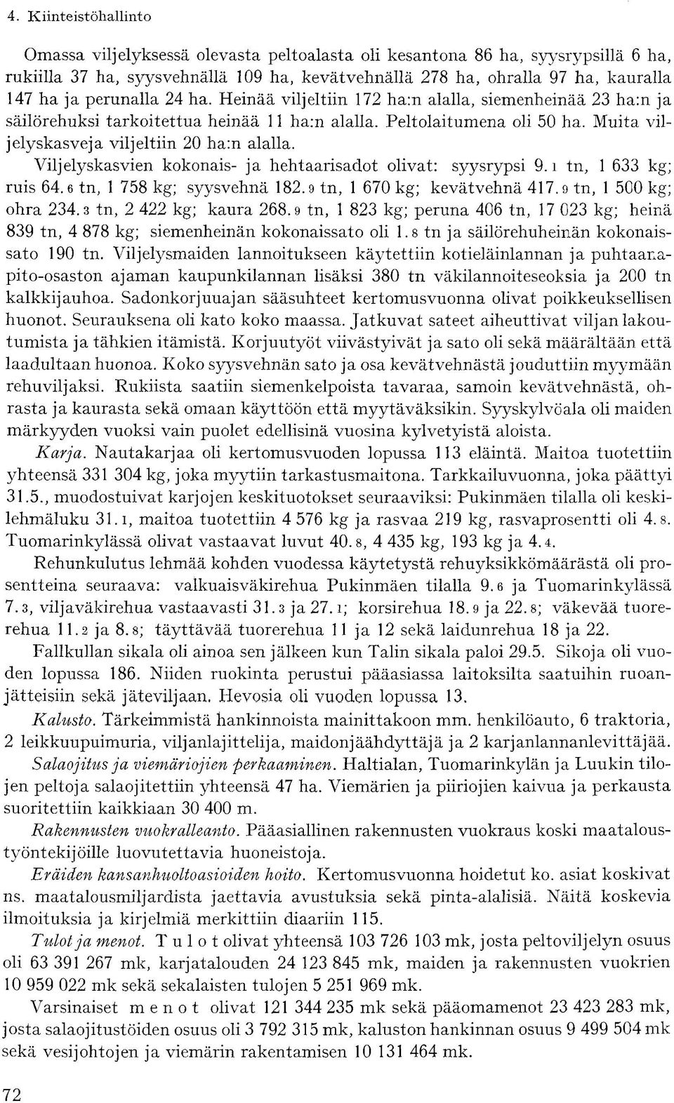 Viljelyskasvien kokonais- ja hehtaarisadot olivat: syysrypsi 9. i tn, 1 633 kg; ruis 64.6 tn, 1 758 kg; syysvehnä 182.9 tn, 1 670 kg; kevätvehnä 417.9 tn, 1 500 kg; ohra 234.3 tn, 2 422 kg; kaura 268.