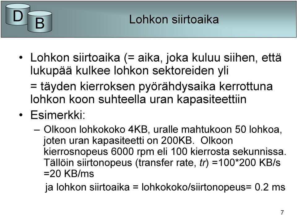 mahtukoon 50 lohkoa, joten uran kapasiteetti on 200KB. Olkoon kierrosnopeus 6000 rpm eli 100 kierrosta sekunnissa.