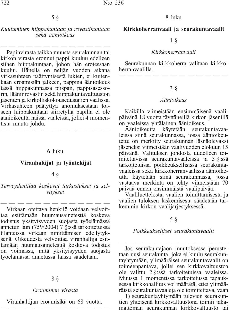 Hänellä on neljän vuoden aikana virkasuhteen päättymisestä lukien, ei kuitenkaan eroamisiän jälkeen, pappina äänioikeus tässä hiippakunnassa piispan, pappisasessorin, lääninrovastin sekä