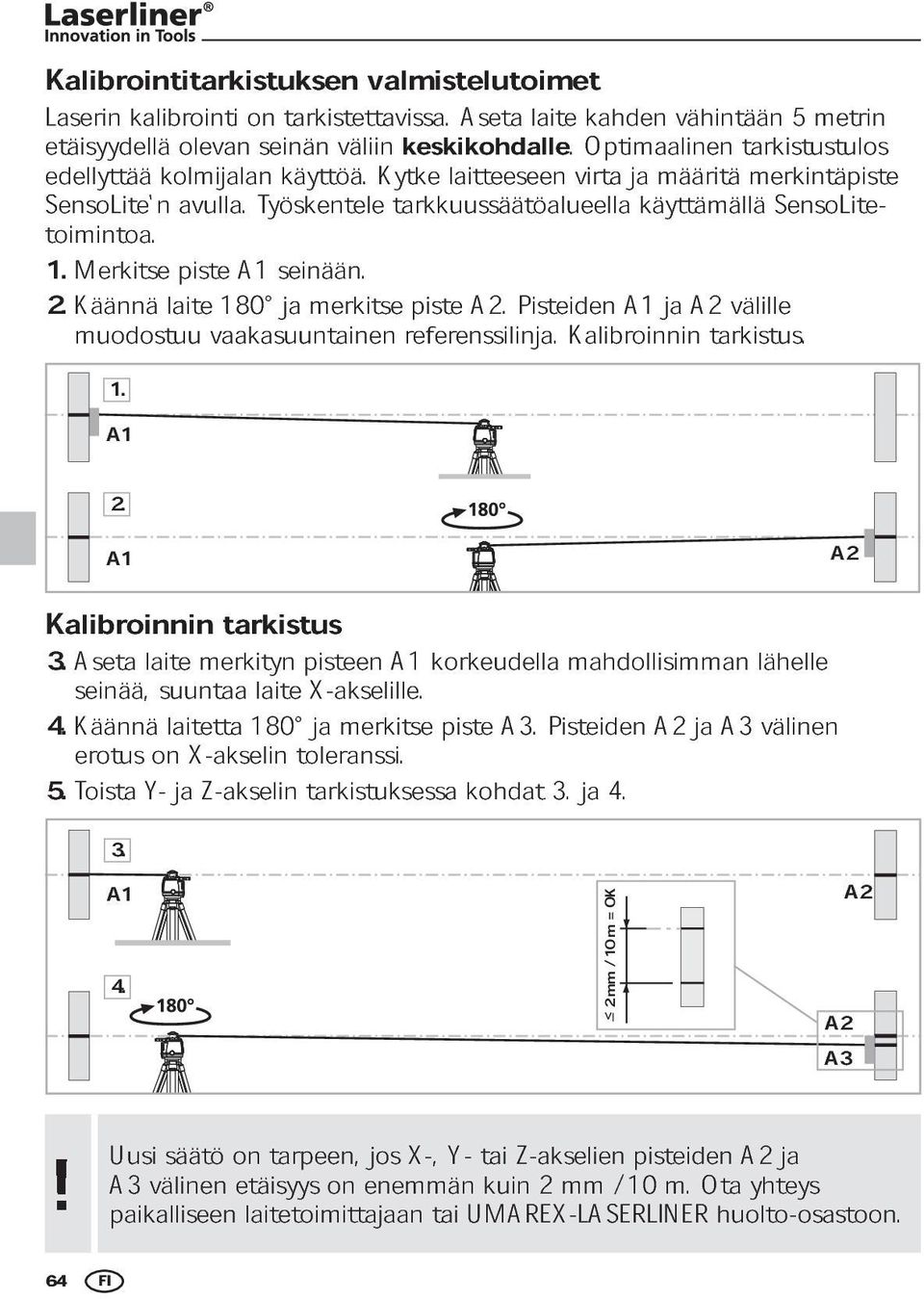 Kytke tarkkuussäätöalueella laitteeseen virta ja käyttämällä määritä merkintäpiste toimintoa. SensoLite- 1. 2.Käännä Merkitse laite piste 180 A1 seinään.