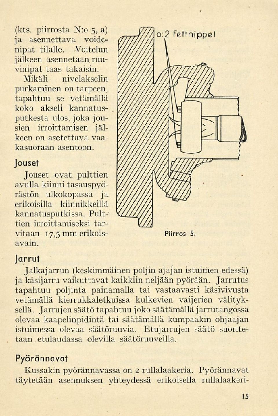 Jouset Jouset ovat pulttien avulla kiinni tasauspyö- Jarrut Piirros 5. rästön ulkokopassa ja erikoisilla kiinnikkeillä kannatusputkissa. Pulttien irroittamiseksi tarvitaan 17,5 mm erikoisavain.