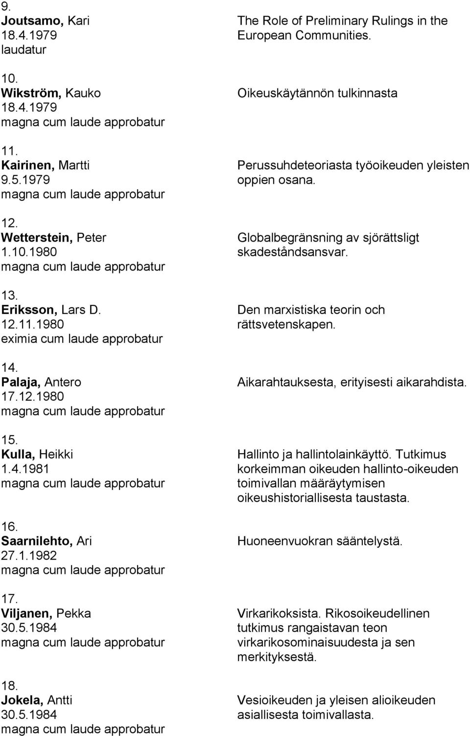 Oikeuskäytännön tulkinnasta Perussuhdeteoriasta työoikeuden yleisten oppien osana. Globalbegränsning av sjörättsligt skadeståndsansvar. Den marxistiska teorin och rättsvetenskapen.