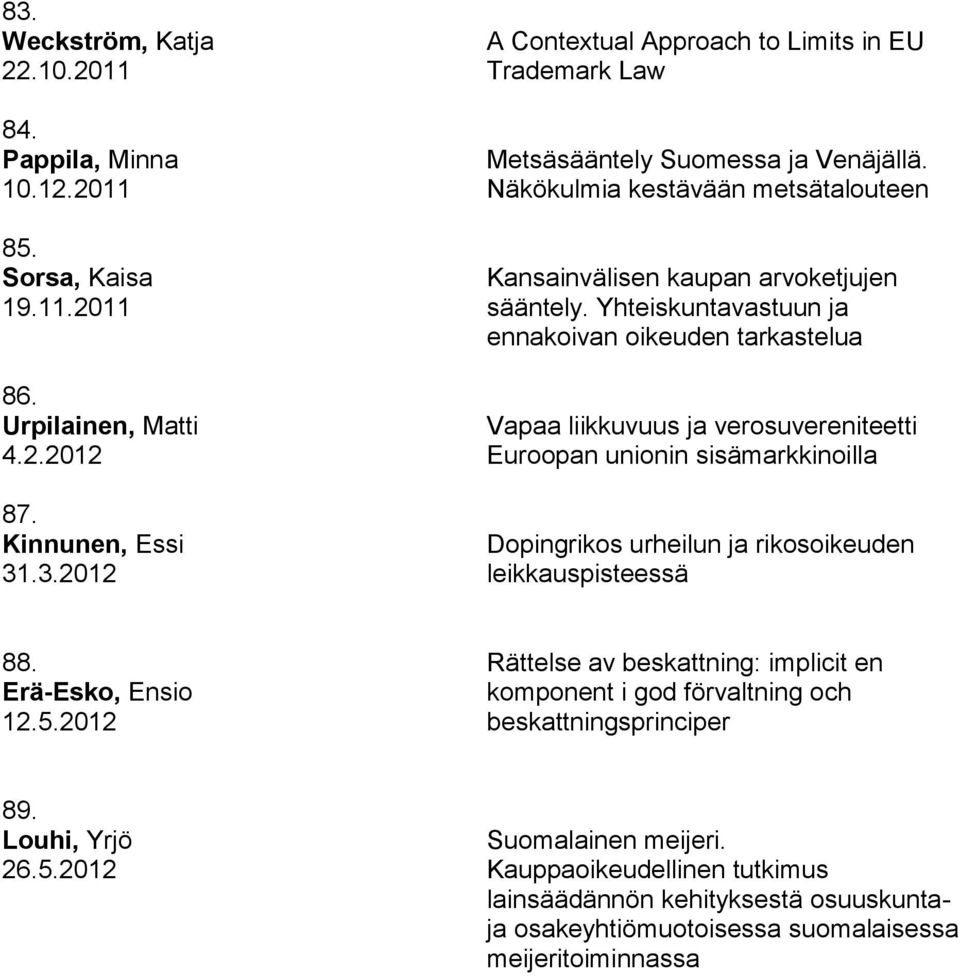 Yhteiskuntavastuun ja ennakoivan oikeuden tarkastelua Vapaa liikkuvuus ja verosuvereniteetti Euroopan unionin sisämarkkinoilla Dopingrikos urheilun ja rikosoikeuden leikkauspisteessä 88.