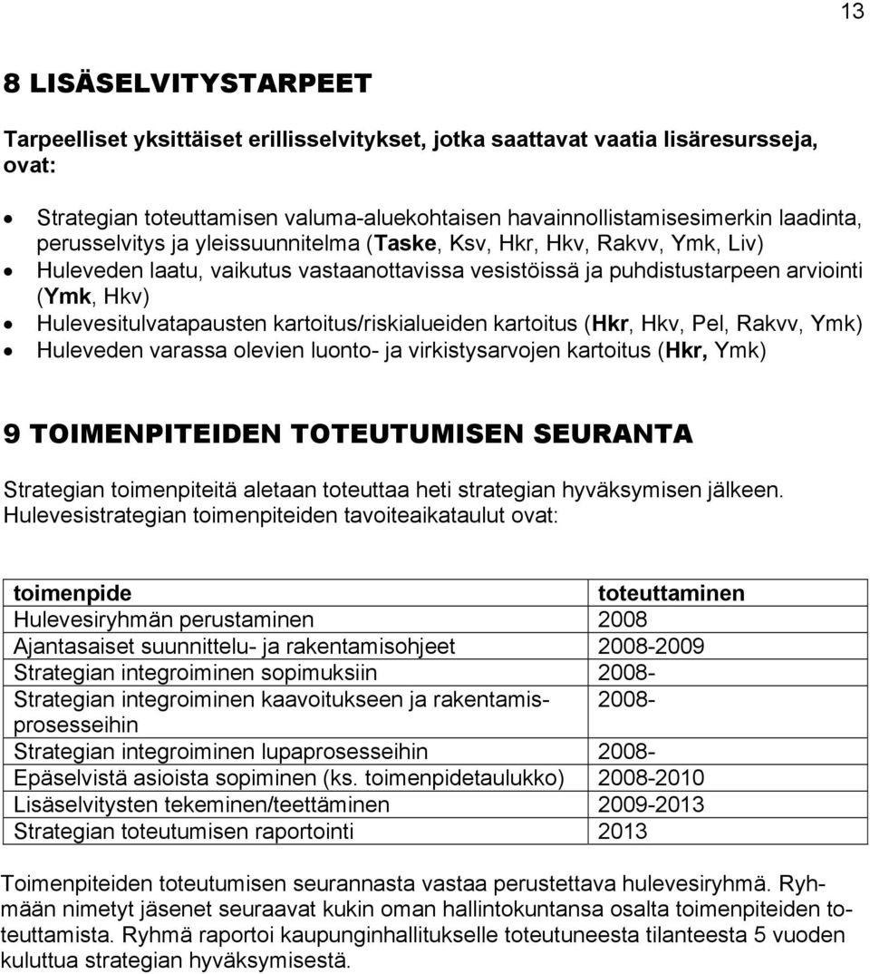 kartoitus/riskialueiden kartoitus (Hkr, Hkv, Pel, Rakvv, Ymk) Huleveden varassa olevien luonto- ja virkistysarvojen kartoitus (Hkr, Ymk) 9 TOIMENPITEIDEN TOTEUTUMISEN SEURANTA Strategian