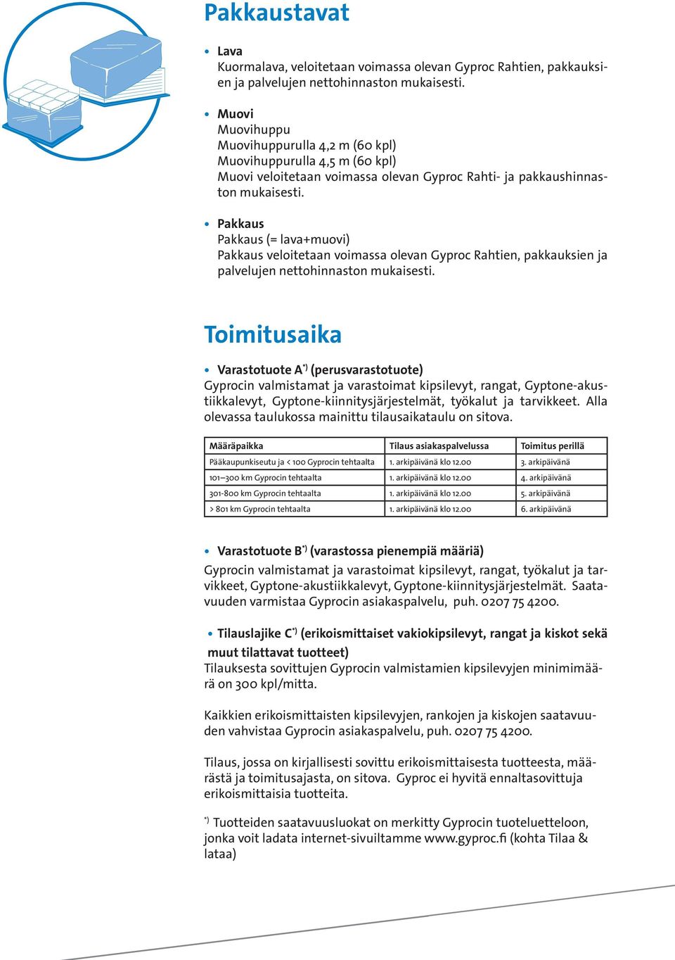 Pakkaus Pakkaus (= lava+muovi) Pakkaus veloitetaan voimassa olevan Gyproc Rahtien, pakkauksien ja palvelujen nettohinnaston mukaisesti.