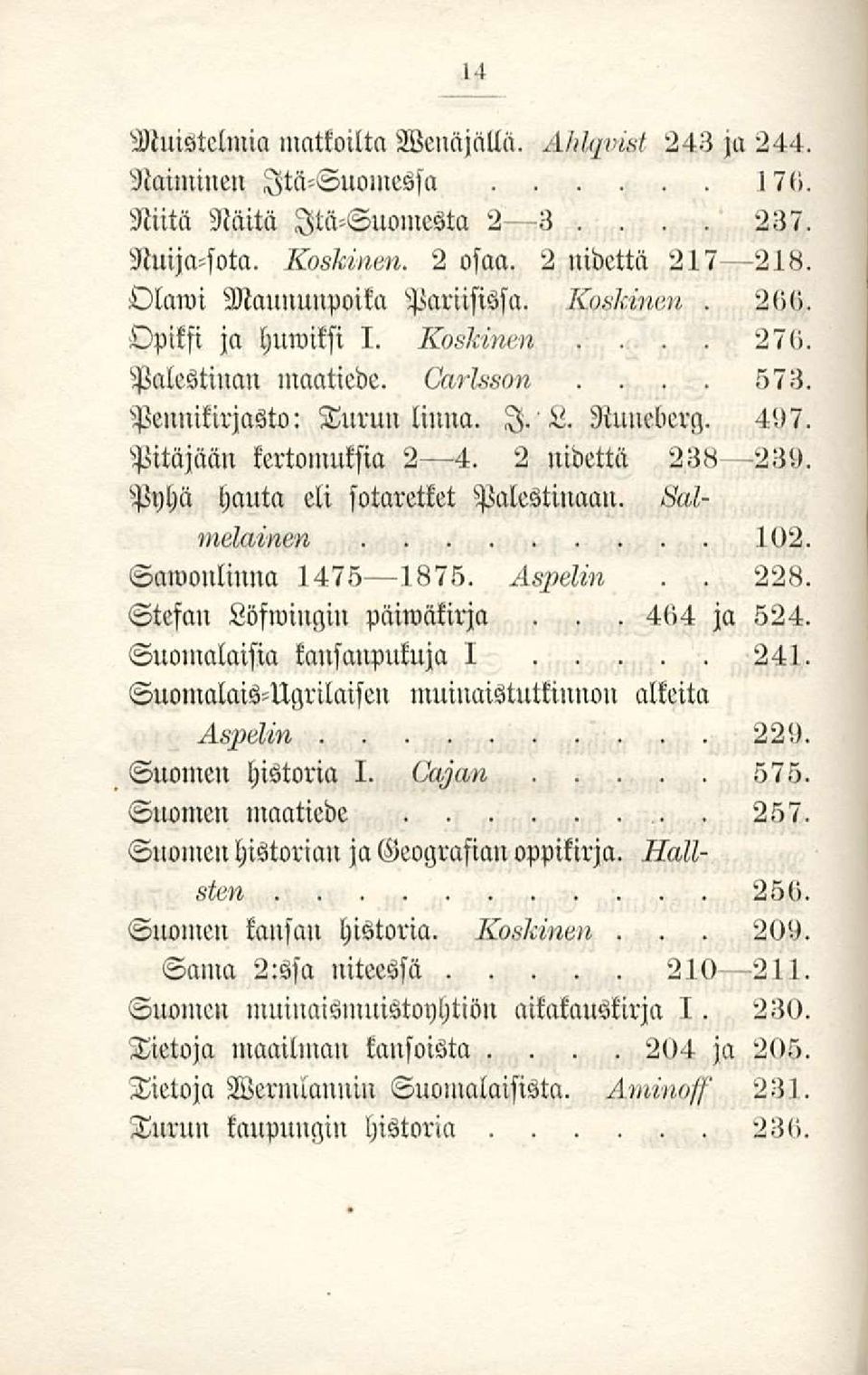 Smvonlinna 1475 1875 Stefan Löfwingin päiwäkirja ja 524 Suomalaisia tausanvukuja I 241 SuoinalaisUgrilaisen muinaistutkinnon alkeita 209 Suome» historia I Suomen maatiede 257 Snomcn historian ja