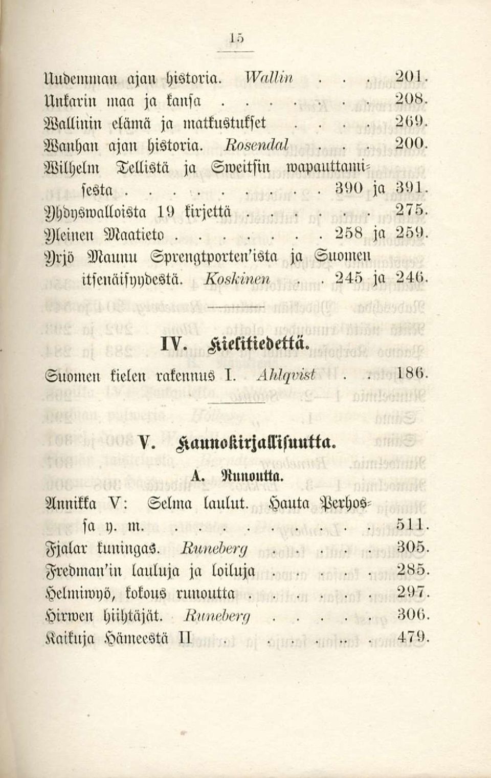 Sprengtporten'ista ja Siloinen itsenäisyydestä IV Kielitiedettä Suonien kielen rakennus I >^<> V Kaunokirjallisuutta Runoutta Annikka V: