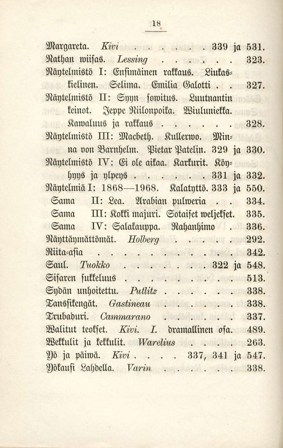 Näytelmiä I: 18«8 1908 Kalatyttö 333 ja 550 Sama II: Lea Arabian pulweria Sama III: Kokki majuri Sotaiset weljekset 335 Sama IV: Salakauppa Rahanhimo Näyttaymättömät Riitaasia 342