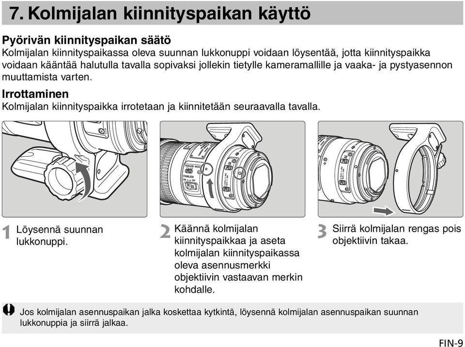 Irrottaminen Kolmijalan kiinnityspaikka irrotetaan ja kiinnitetään seuraavalla tavalla. Löysennä suunnan lukkonuppi.