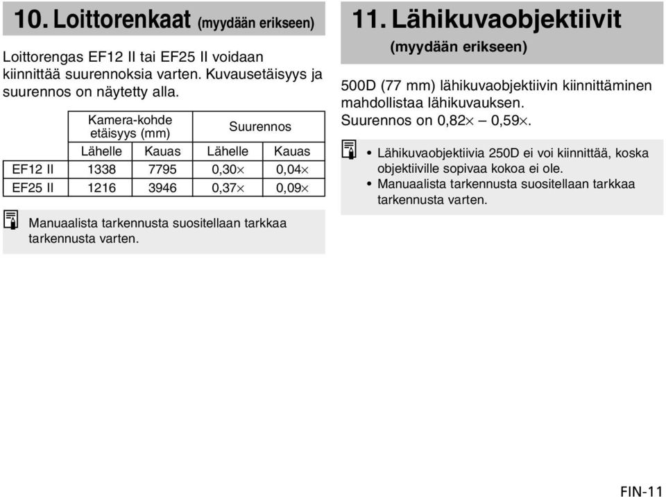 tarkkaa tarkennusta varten. 11. Lähikuvaobjektiivit (myydään erikseen) 500D (77 mm) lähikuvaobjektiivin kiinnittäminen mahdollistaa lähikuvauksen.
