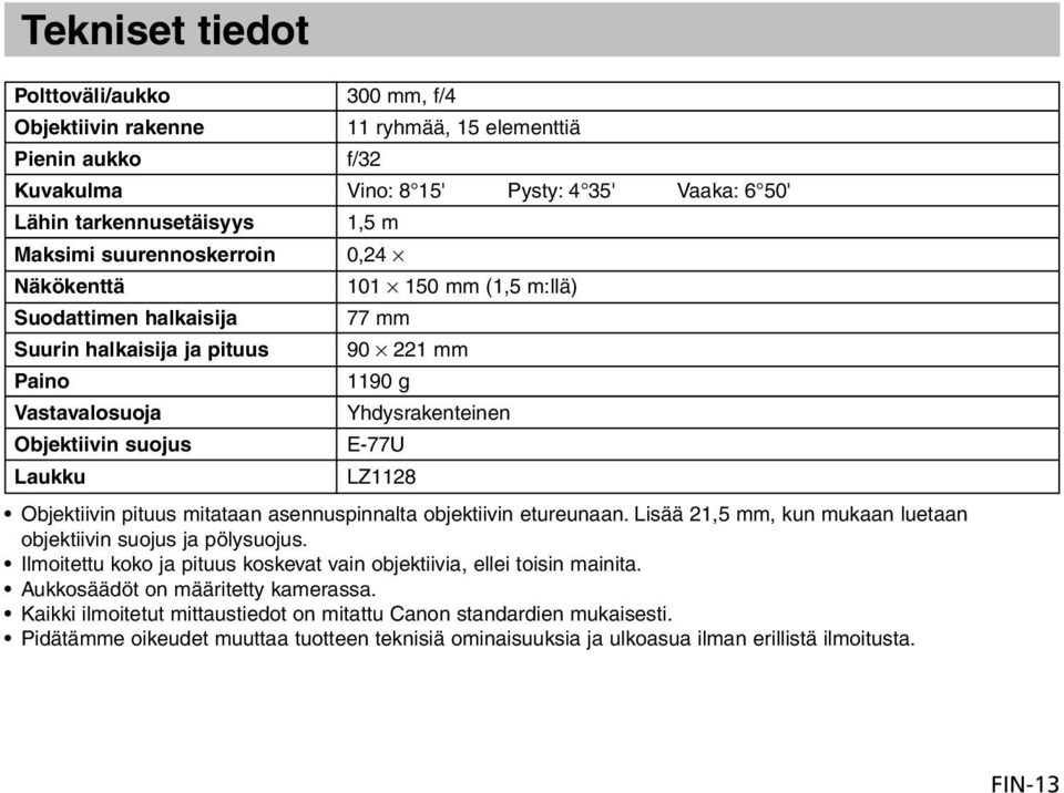 LZ1128 Objektiivin pituus mitataan asennuspinnalta objektiivin etureunaan. Lisää 21,5 mm, kun mukaan luetaan objektiivin suojus ja pölysuojus.