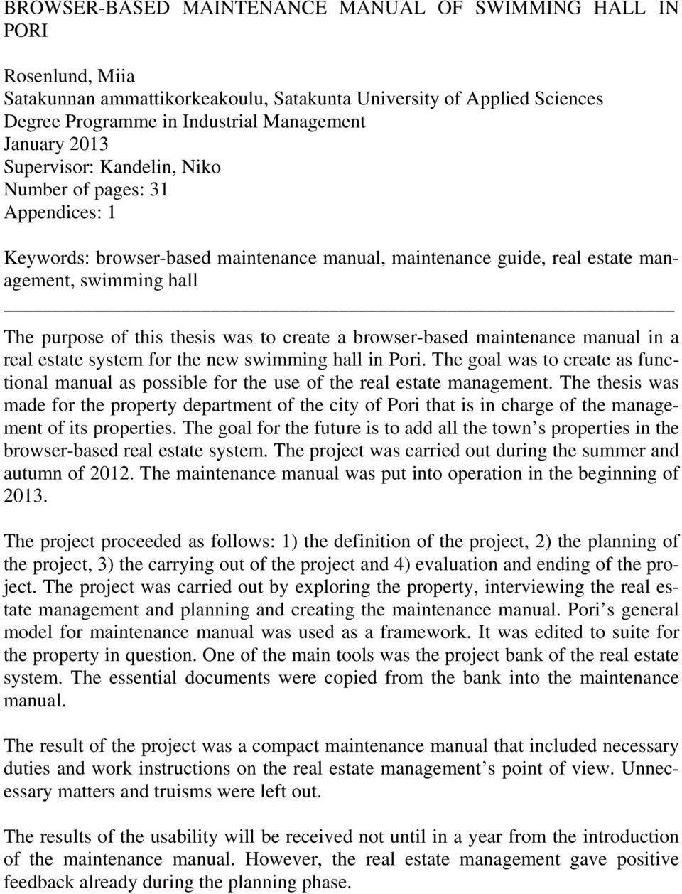 to create a browser-based maintenance manual in a real estate system for the new swimming hall in Pori.