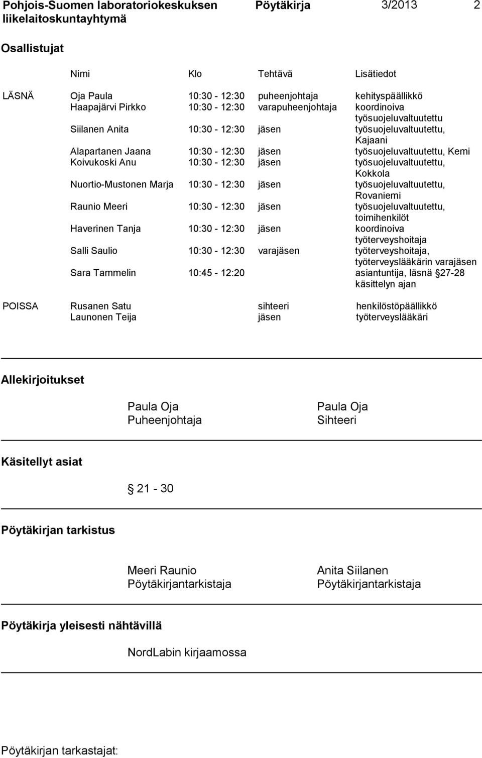 10:30-12:30 jäsen työsuojeluvaltuutettu, Kokkola Nuortio-Mustonen Marja 10:30-12:30 jäsen työsuojeluvaltuutettu, Rovaniemi Raunio Meeri 10:30-12:30 jäsen työsuojeluvaltuutettu, toimihenkilöt