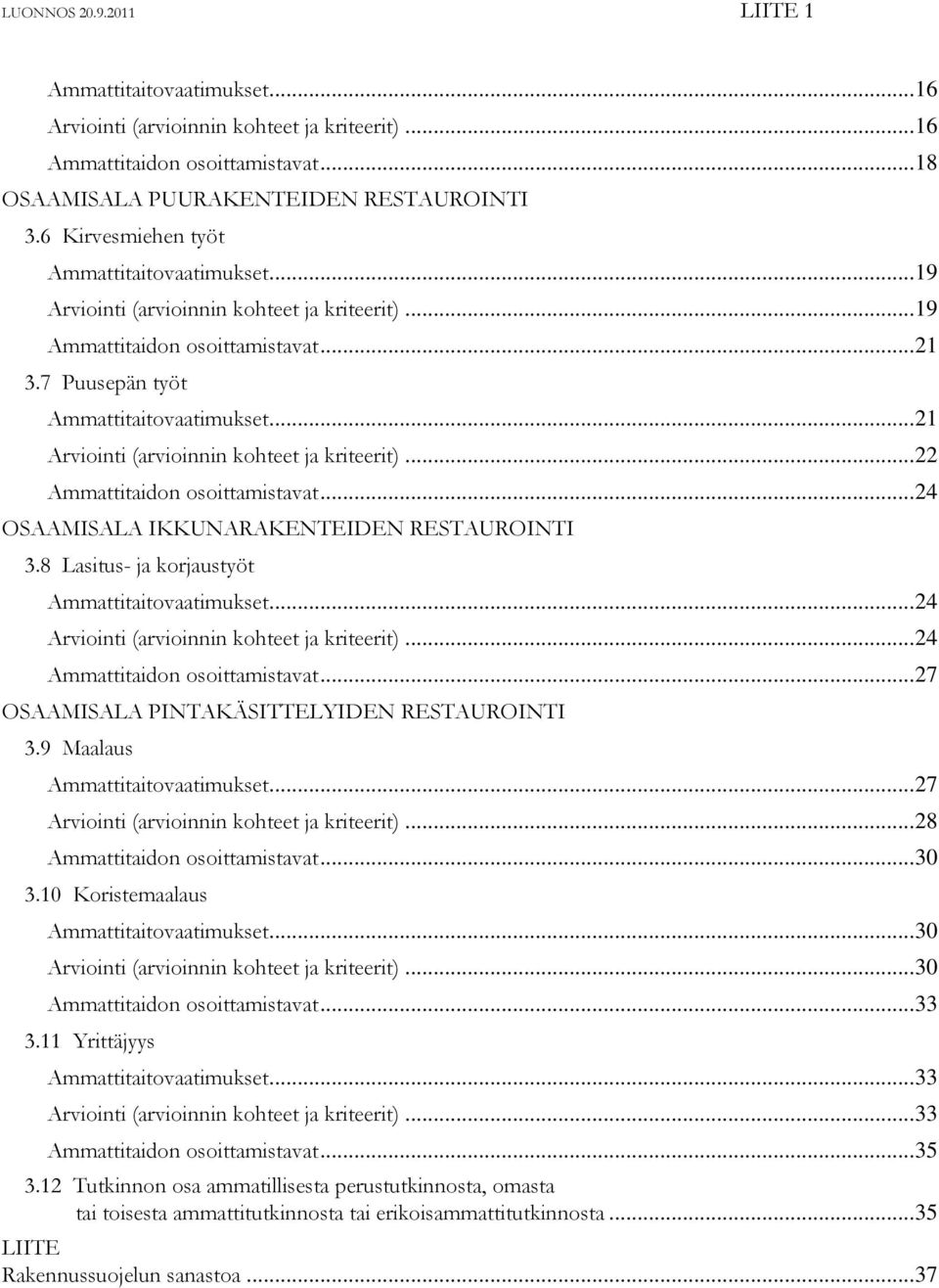 .. 21 Arviointi (arvioinnin kohteet ja kriteerit)... 22 Ammattitaidon osoittamistavat... 24 OSAAMISALA IKKUNARAKENTEIDEN RESTAUROINTI... 24 3.8 Lasitus- ja korjaustyöt... 24 Ammattitaitovaatimukset.