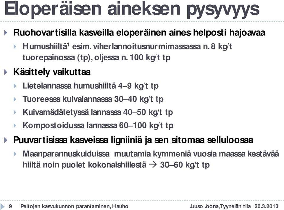 100 kg/t tp Käsittely vaikuttaa Lietelannassa humushiiltä 4 9 kg/t tp Tuoreessa kuivalannassa 30 40 kg/t tp Kuivamädätetyssä lannassa 40 50 kg/t tp