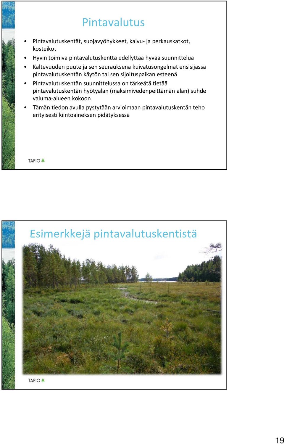 Pintavalutuskentän suunnittelussa on tärkeätä tietää pintavalutuskentän hyötyalan (maksimivedenpeittämän alan) suhde valuma alueen