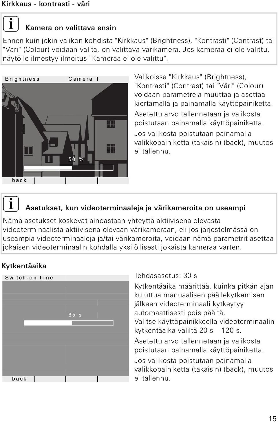 Brghtness Camera 1 50 % Valkossa "Krkkaus" (Brghtness), "Kontrast" (Contrast) ta "Vär" (Colour) vodaan parametreja muuttaa ja asettaa kertämällä ja panamalla käyttöpanketta.