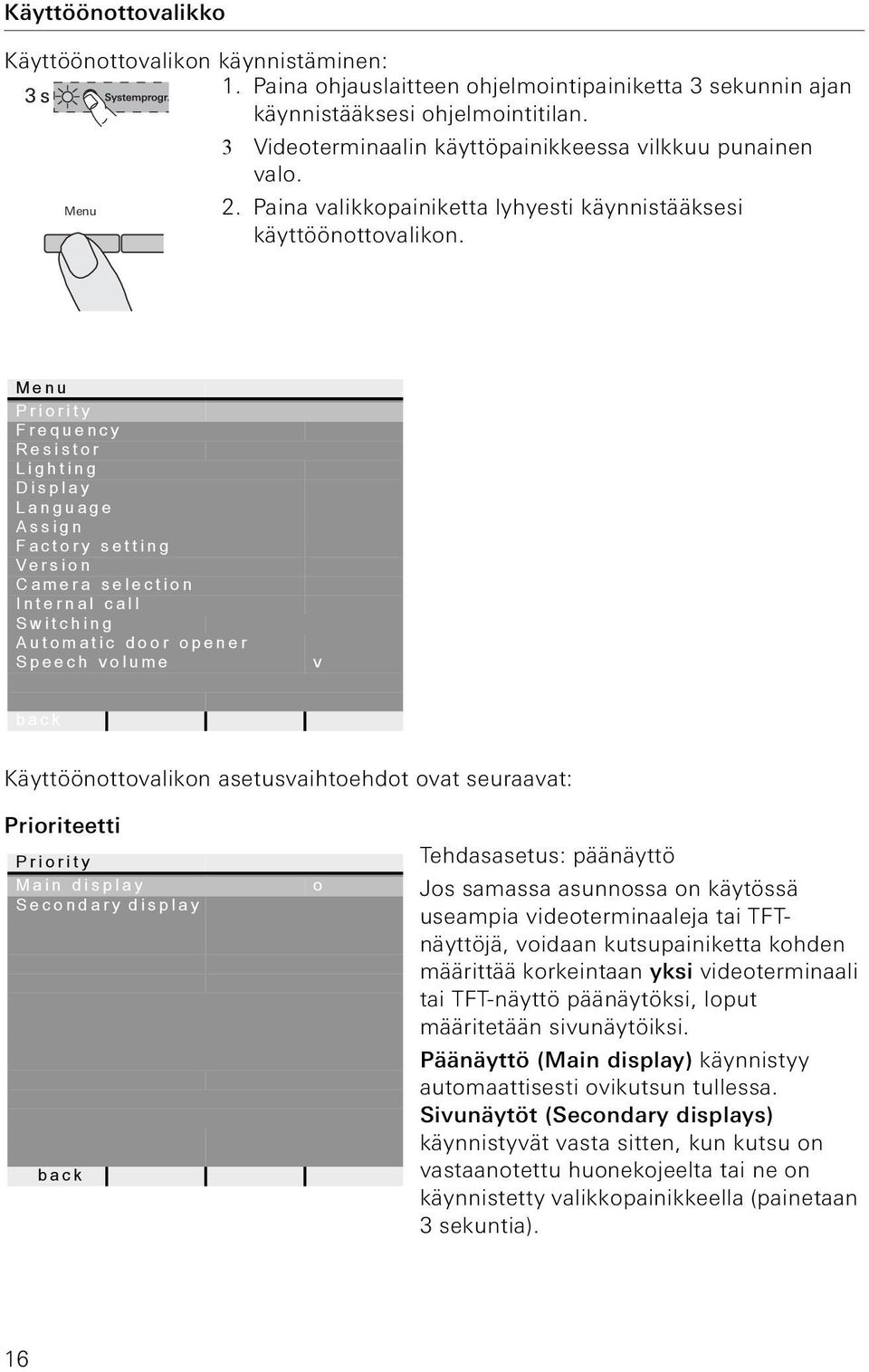 Menu Prorty Frequency Resstor Lghtng Dsplay Language Assgn Factory settng Verson Camera selecton Internal call Swtchng Automatc door opener Speech volume v Käyttöönottovalkon asetusvahtoehdot ovat