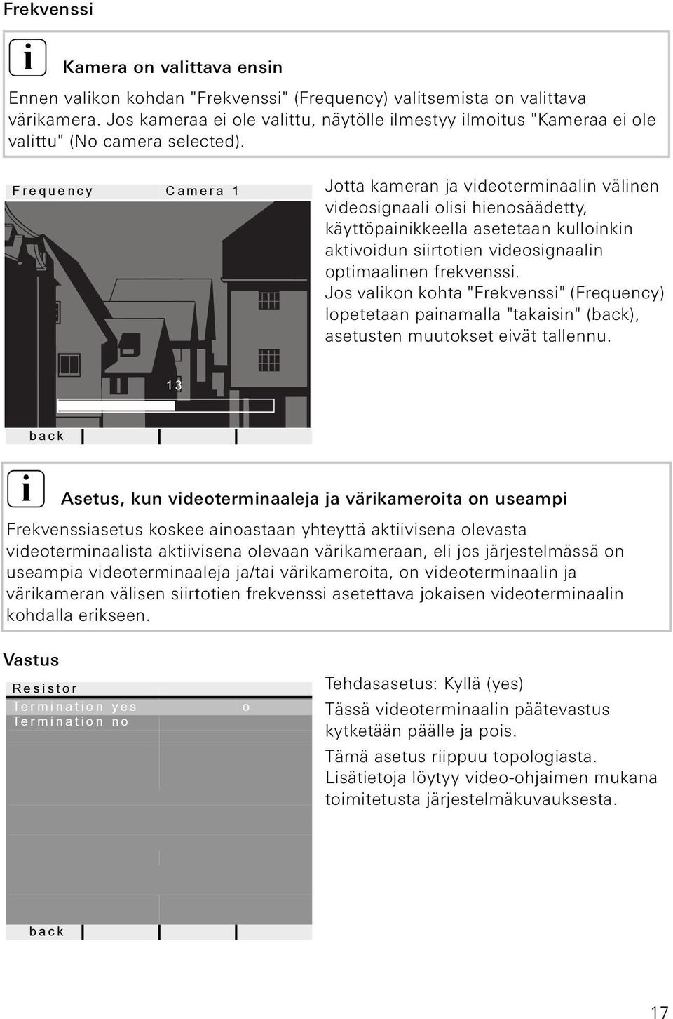 Frequency Camera 1 Jotta kameran ja vdeotermnaaln välnen vdeosgnaal ols henosäädetty, käyttöpankkeella asetetaan kullonkn aktvodun srtoten vdeosgnaaln optmaalnen frekvenss.