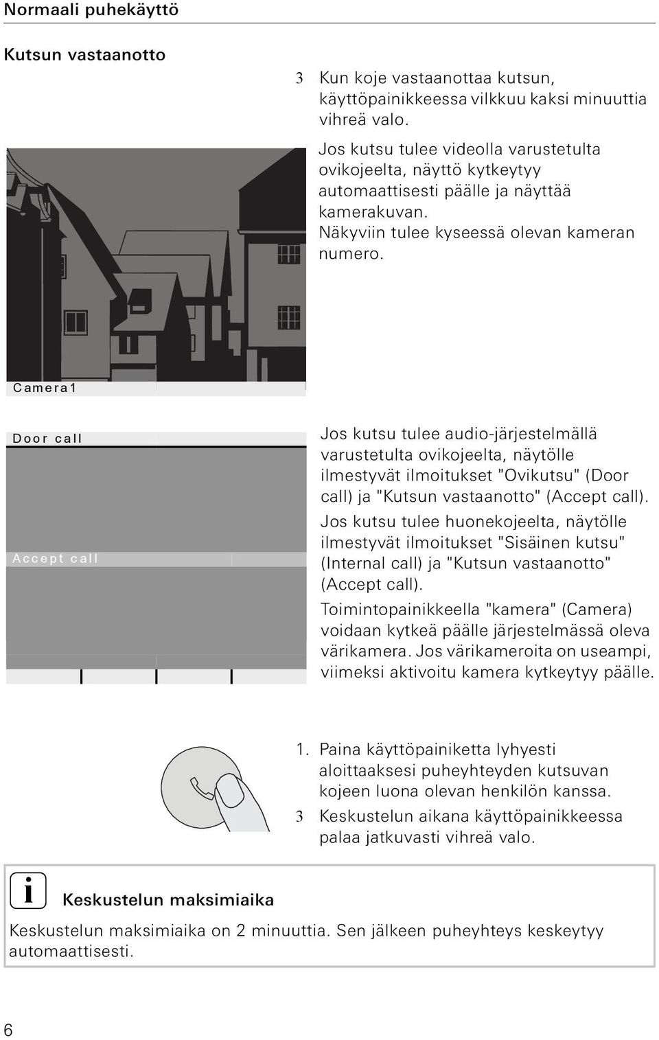 Camera1 Door call Accept call Jos kutsu tulee audo-järjestelmällä varustetulta ovkojeelta, näytölle lmestyvät lmotukset "Ovkutsu" (Door call) ja "Kutsun vastaanotto" (Accept call).