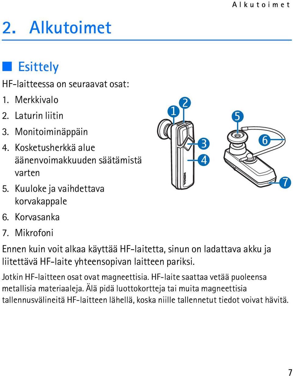 Mikrofoni 3 4 6 Ennen kuin voit alkaa käyttää HF-laitetta, sinun on ladattava akku ja liitettävä HF-laite yhteensopivan laitteen pariksi.