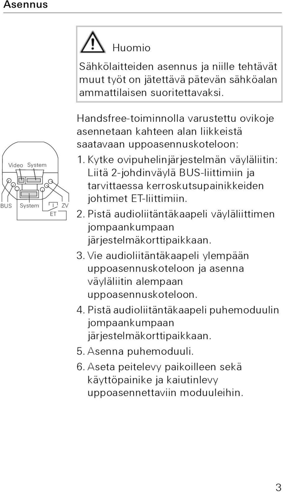 Kytke ovipuhelinjärjestelmän väyläliitin: Liitä 2-johdinväylä BUS-liittimiin ja tarvittaessa kerroskutsupainikkeiden johtimet ET-liittimiin. 2. Pistä audioliitäntäkaapeli väyläliittimen jompaankumpaan järjestelmäkorttipaikkaan.