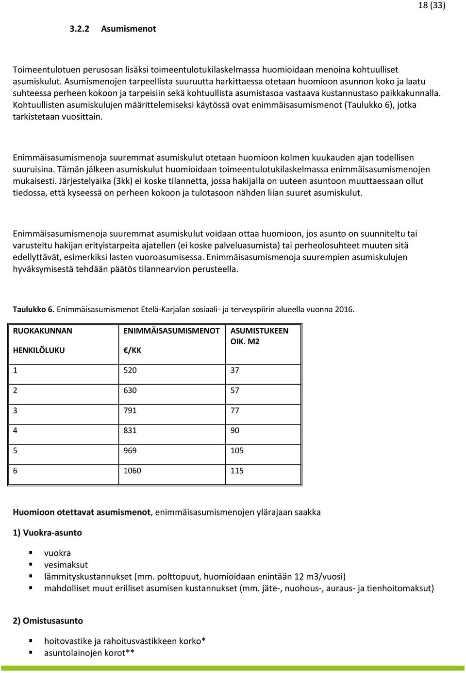 Kohtuullisten asumiskulujen määrittelemiseksi käytössä ovat enimmäisasumismenot (Taulukko 6), jotka tarkistetaan vuosittain.