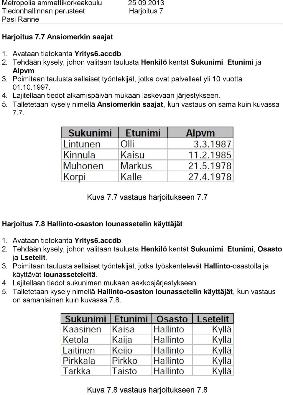 Talletetaan kysely nimellä Ansiomerkin saajat, kun vastaus on sama kuin kuvassa 7.7. Kuva 7.7 vastaus harjoitukseen 7.7 Harjoitus 7.8 Hallinto-osaston lounassetelin käyttäjät 2.