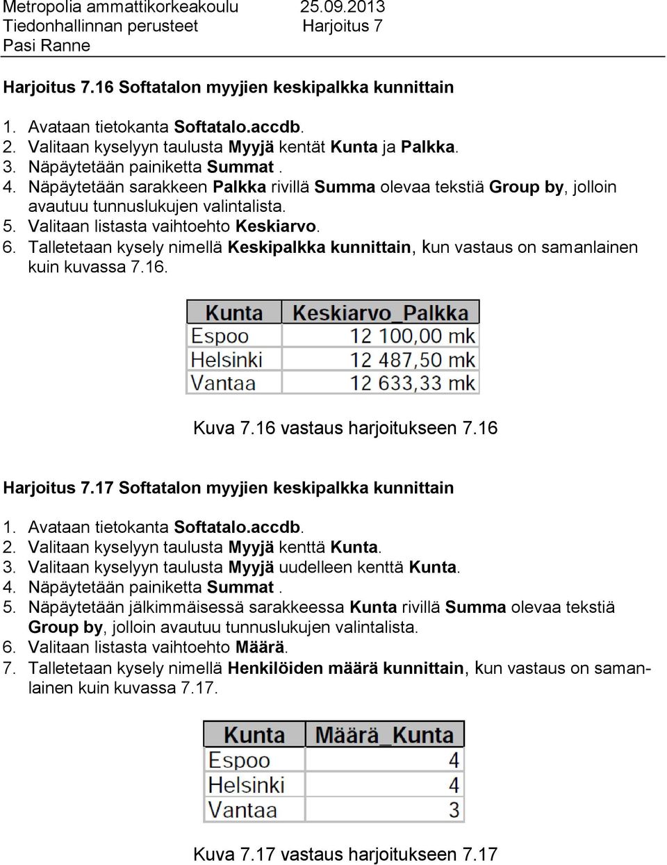 Talletetaan kysely nimellä Keskipalkka kunnittain, kun vastaus on samanlainen kuin kuvassa 7.16. Kuva 7.16 vastaus harjoitukseen 7.16 Harjoitus 7.17 Softatalon myyjien keskipalkka kunnittain 1.