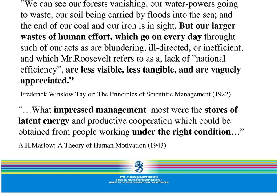 Roosevelt refers to as a, lack of national efficiency, are less visible, less tangible, and are vaguely appreciated.