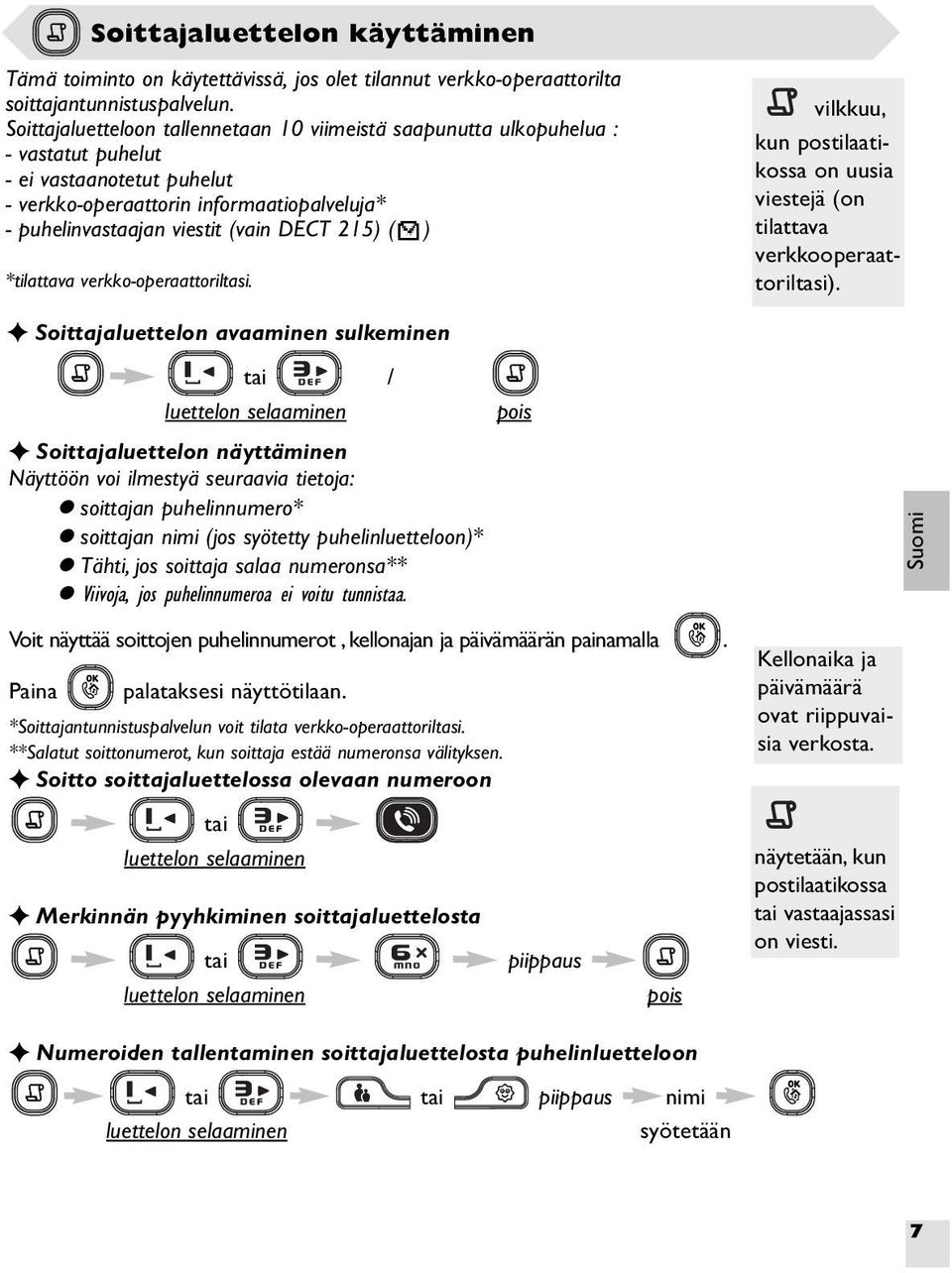 215) ( ) *tilattava verkko-operaattoriltasi. vilkkuu, kun postilaatikossa on uusia viestejä (on tilattava verkkooperaattoriltasi).