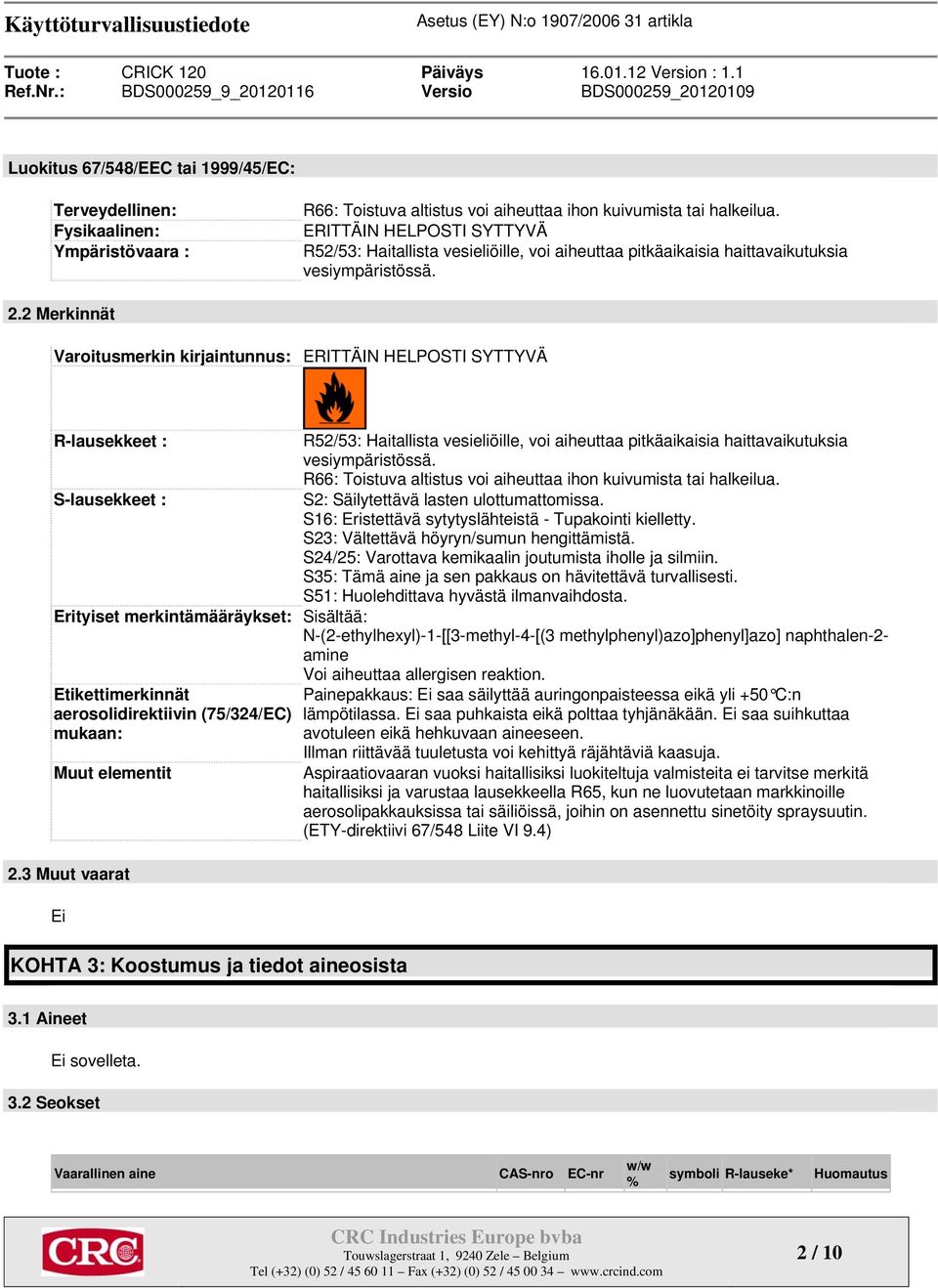 2 Merkinnät Varoitusmerkin kirjaintunnus: ERITTÄIN HELPOSTI SYTTYVÄ R-lausekkeet : S-lausekkeet : R52/53: Haitallista vesieliöille, voi aiheuttaa pitkäaikaisia haittavaikutuksia vesiympäristössä.