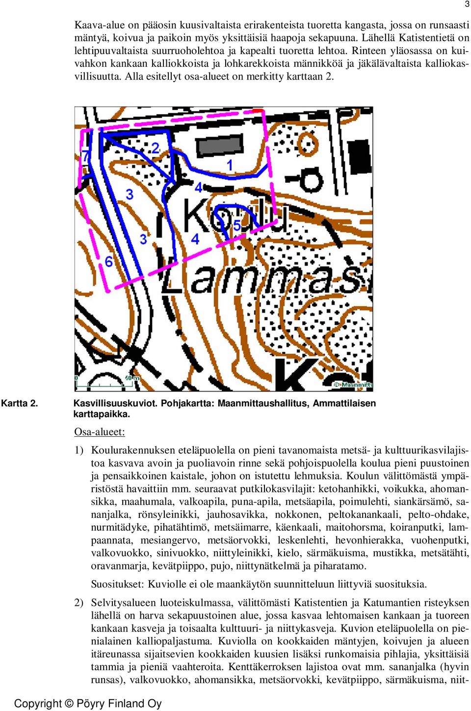 Rinteen yläosassa on kuivahkon kankaan kalliokkoista ja lohkarekkoista männikköä ja jäkälävaltaista kalliokasvillisuutta. Alla esitellyt osa-alueet on merkitty karttaan 2. 3 Kartta 2.