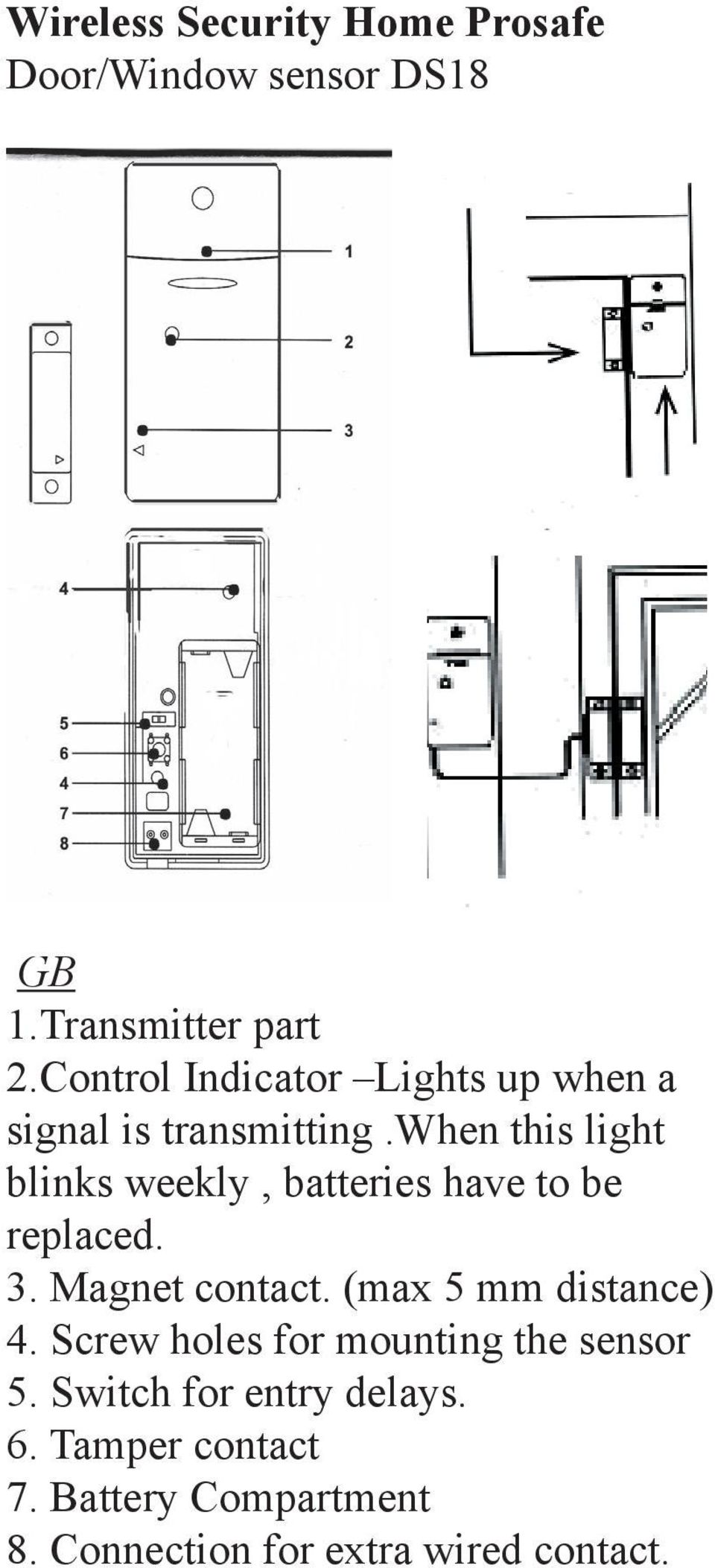 when this light blinks weekly, batteries have to be replaced. 3. Magnet contact.