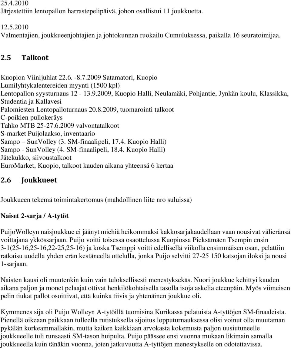 8.2009, tuomarointi talkoot C-poikien pullokeräys Tahko MTB 25-27.6.2009 valvontatalkoot S-market Puijolaakso, inventaario Sampo SunVolley (3. SM-finaalipeli, 17.4. Kuopio Halli) Sampo - SunVolley (4.
